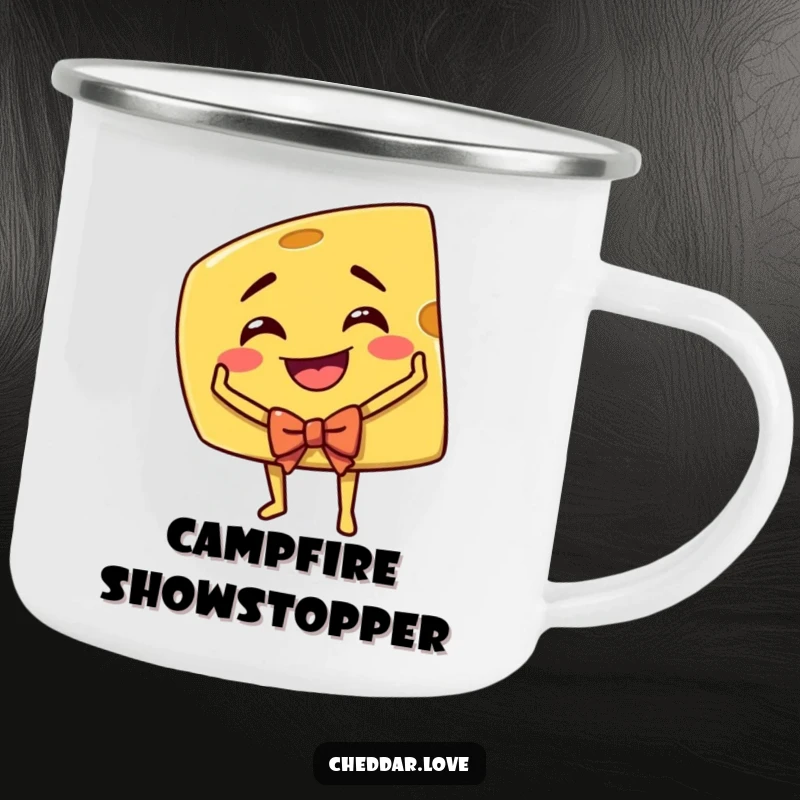 Funny Cheddar Cheese Camping Mug: A grinning cheddar cheese wedge taking a theatrical bow, ready for outdoor drama.