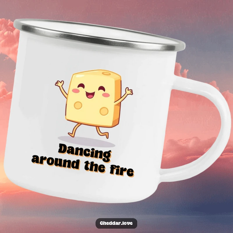 Funny wedge of cheese dancing on a rugged camping mug, ideal for outdoor humor, a funny gift.