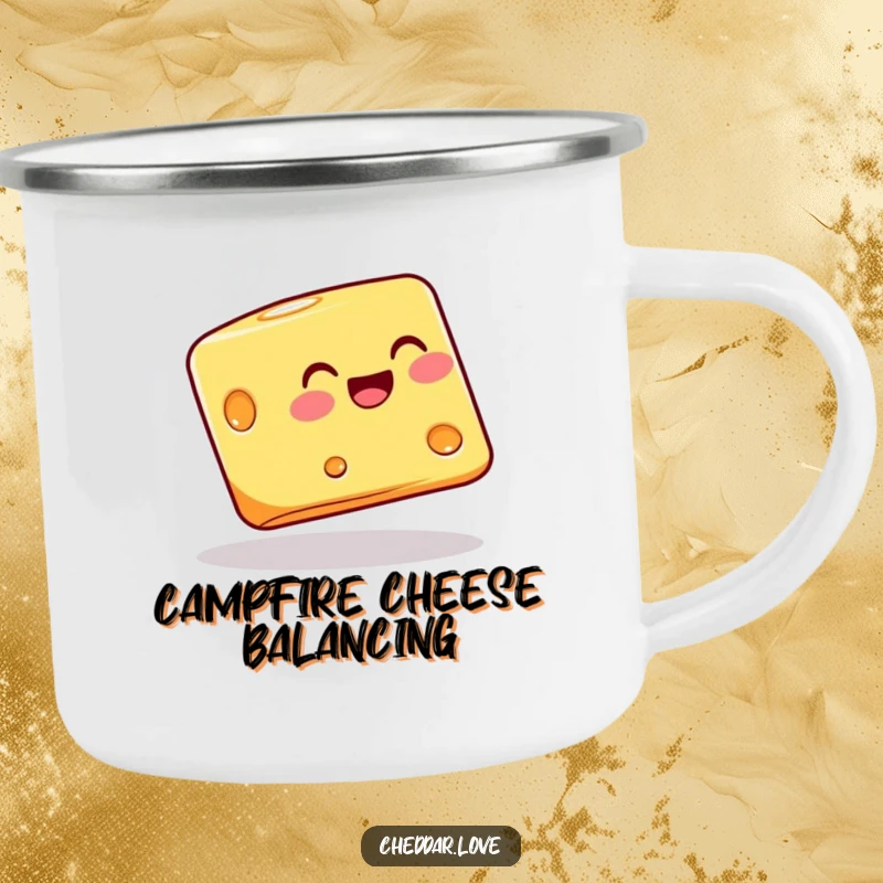 Funny cheese block balancing on its corner with joy, on a camping mug, for stable and humorous sips outdoors.
