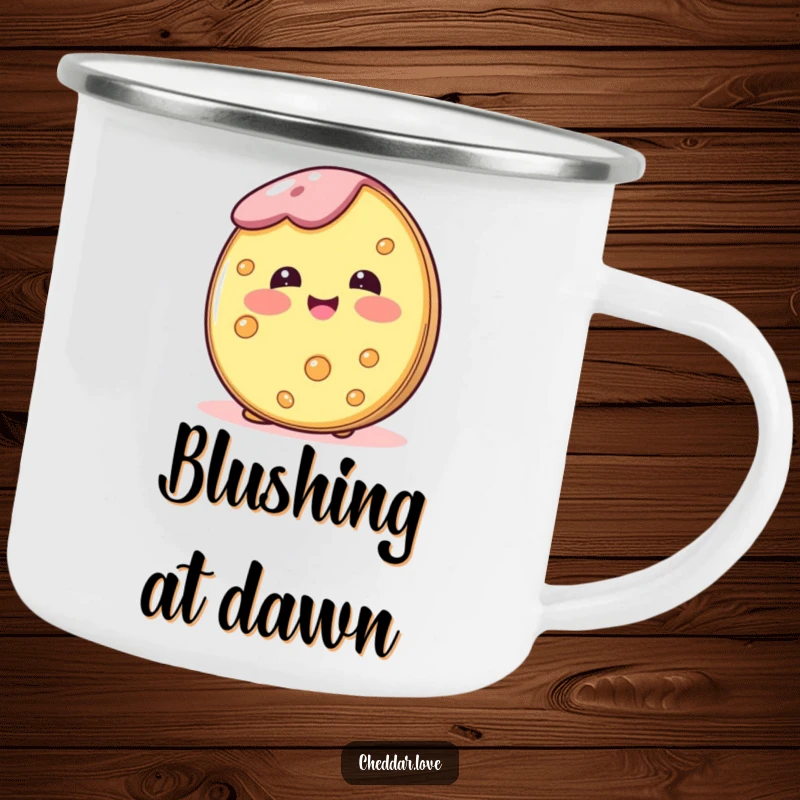 Funny camping mug with a cheese wheel blushing happily, designed for outdoor enthusiasts who love sweet moments.