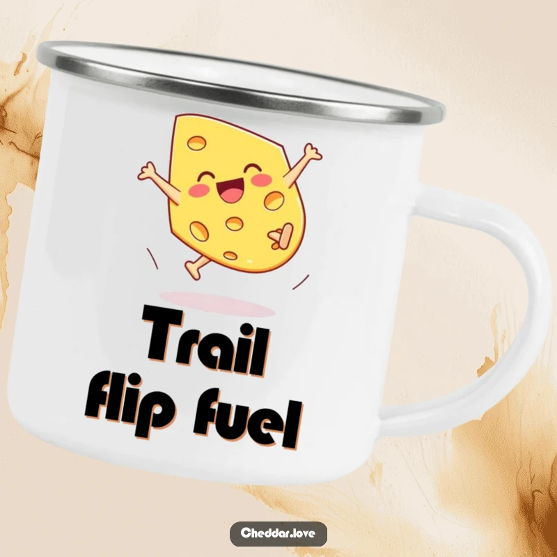 Funny Cheddar Cheese Camping Mug, a piece doing a cartwheel with joyful abandon, built for adventure.