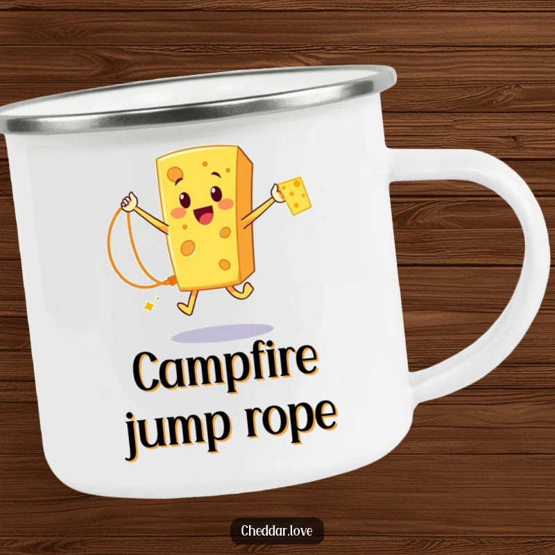 Funny Cheddar Cheese Camping Mug: A happy cartoon cheese character jumping rope with a cheese strand during outdoor adventures.