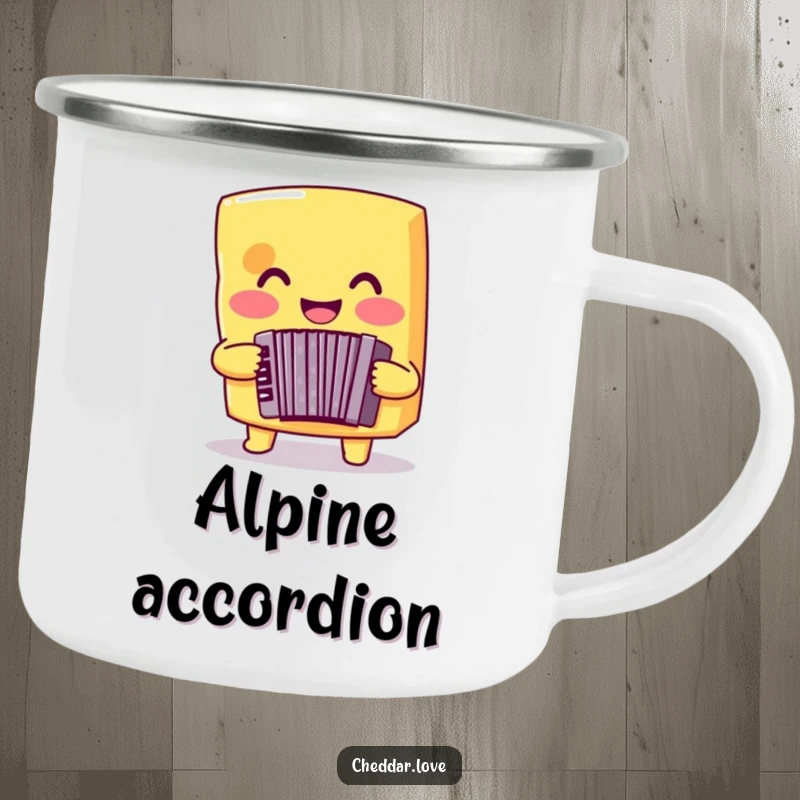 Funny cheese camping mug depicting a smiling cheddar cheese playing an accordion, perfect for outdoor music lovers.