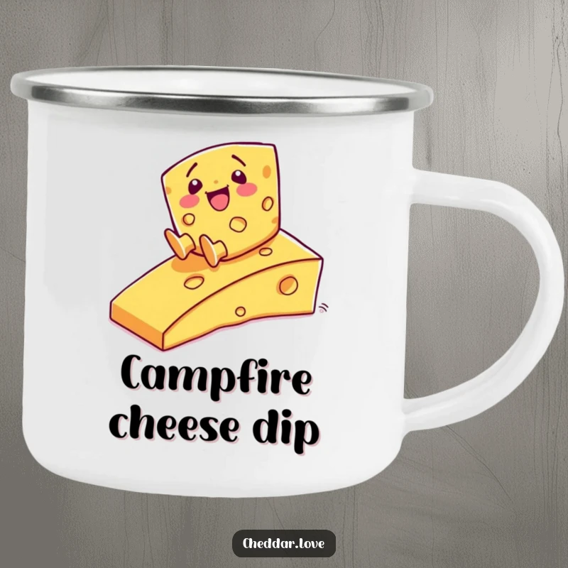 Funny Camping Mug: A happy cheese character sliding down a ramp, perfect for outdoor enjoyment.