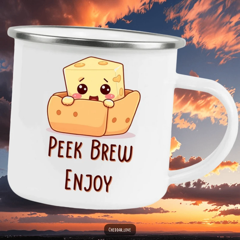 Funny camping mug showing a curious cheese cube peeking from behind a giant cracker, with an expression of comical surprise.