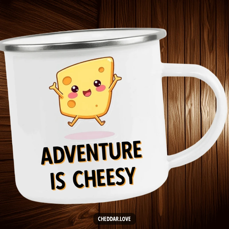 Funny camping mug featuring a wedge of cheese gleefully doing a cartwheel, perfect for outdoor enthusiasts who love humor.