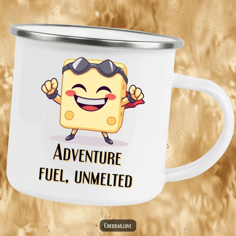 Funny cheese cube superhero camping mug, grinning heroically by the campfire, ready for adventure and hot beverages.