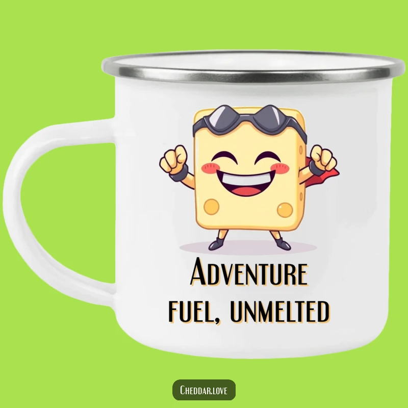 Funny Cheese Cube Superhero Camping Mug - Adventure Fuelled by Cheesy Heroism