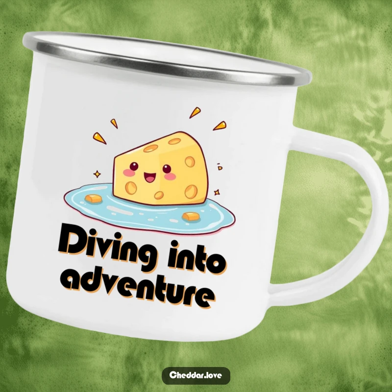 Funny camping mug with a wedge of cheese comically diving into a pool of glee, ready for outdoor fun.