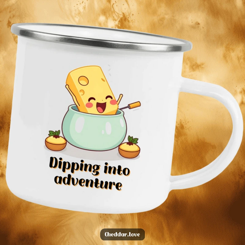 Funny camping mug with a cheese slice jumping into fondue, designed for outdoor enthusiasts who love cheese.