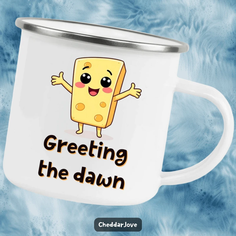 Funny Camping Mug: A smiling cheese slice with outstretched arms, perfect for enjoying drinks outdoors.