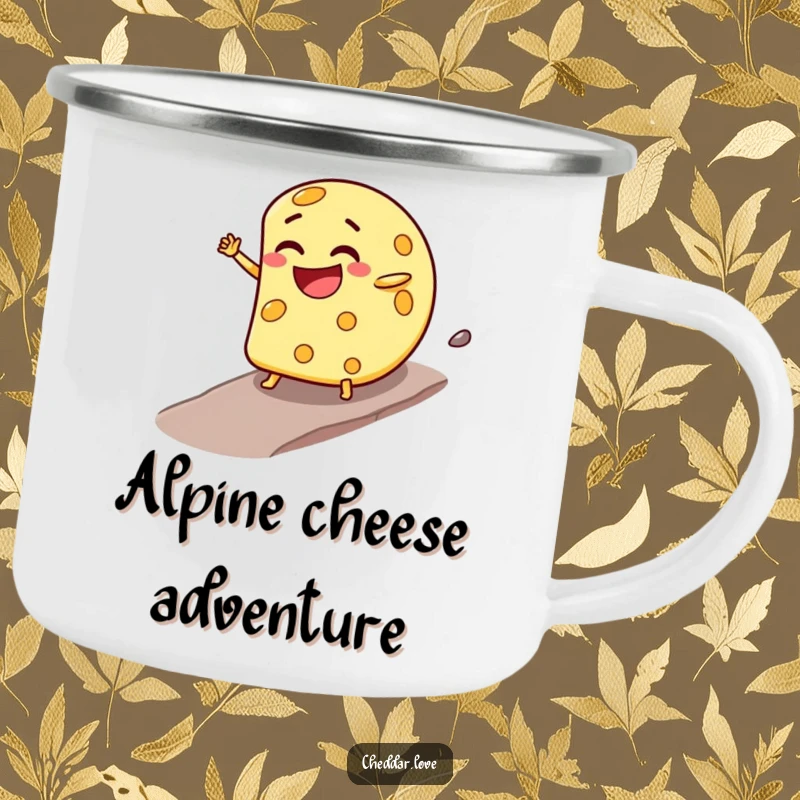 Funny Camping Mug: A cheese wheel with a mischievous grin rolls downhill, perfect for enjoying drinks during outdoor adventures.