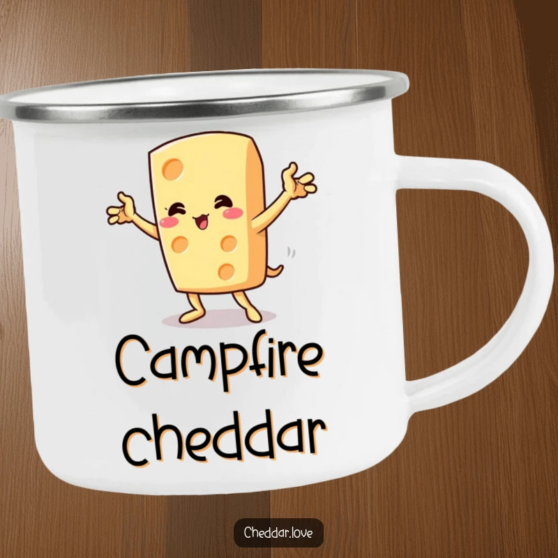 Funny cheese wedge performing a dramatic pose with flourish on a durable camping mug.