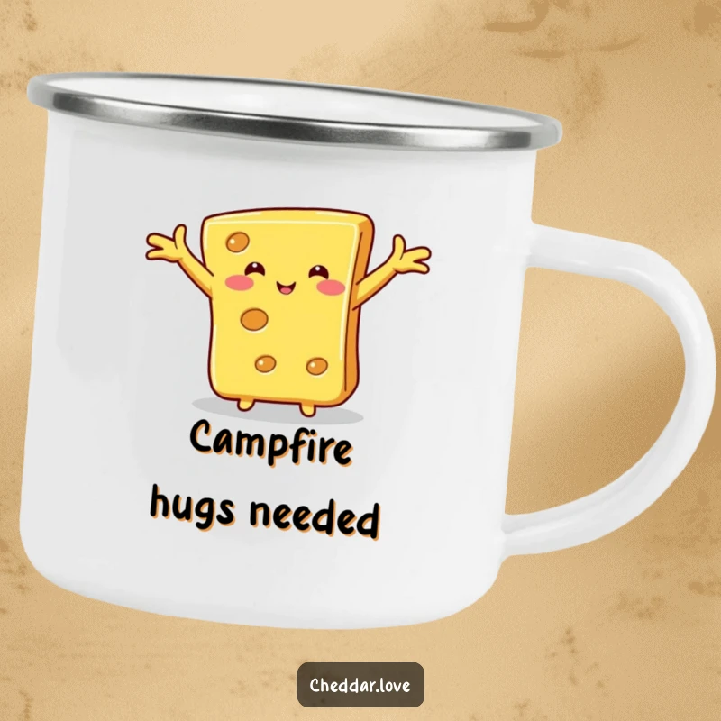 Funny cheese hug camping mug, a slice of cheese with outstretched arms, ready for a hug, great for camping trips.
