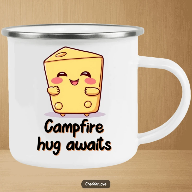 Funny camping mug with a wedge of cheese giving a warm hug, designed for outdoor enthusiasts and lovers of cheesy comfort.