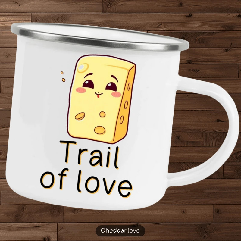 Funny grinning cheese wedge blowing a kiss on a durable and funny camping mug.