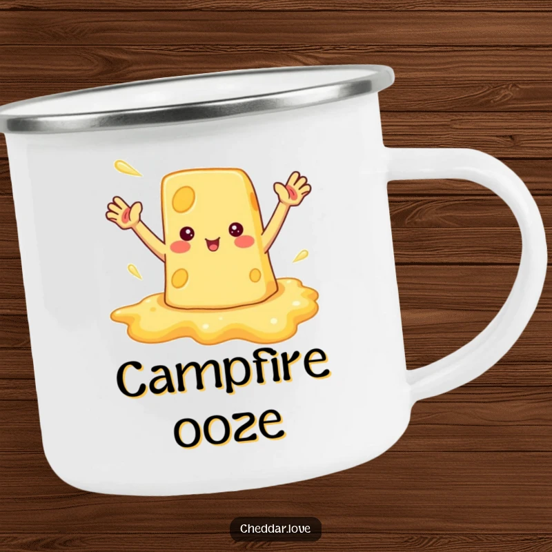 Funny camping mug with a melted cheese puddle waving enthusiastically, ideal for outdoor enthusiasts who appreciate humor.