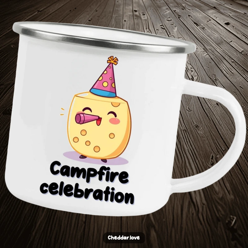 Funny camping mug with a festive cheese wheel, party hat, and noisemaker, ready for outdoor celebrations. A perfect funny gift.