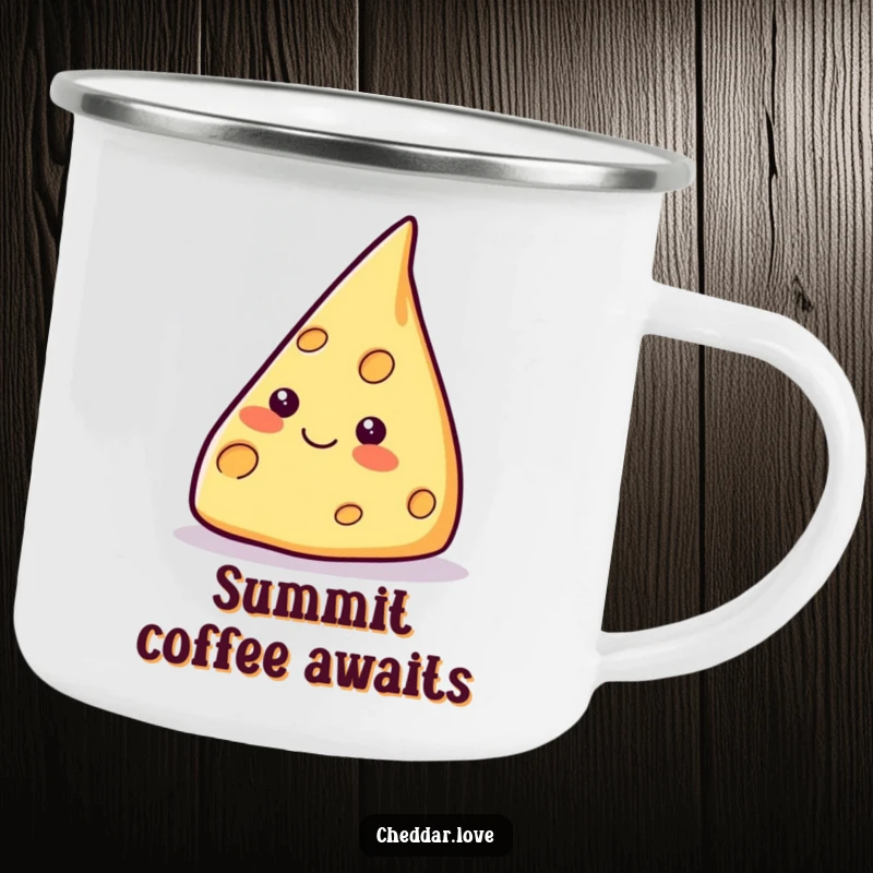 Funny smiling cheese wedge camping mug, pointing upwards by the campfire, inspiring grand adventures and hot drinks.