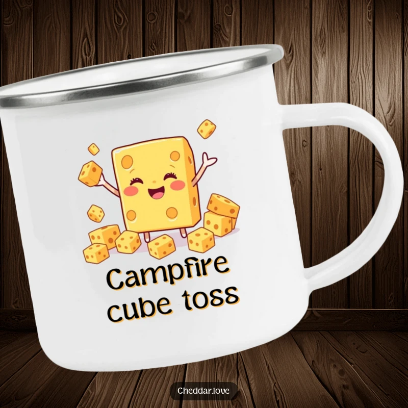 Funny Cheddar Cheese Camping Mug, smiling block juggling cubes, designed for durability and amusement outdoors.