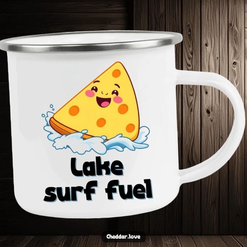 Funny Cheddar Cheese Camping Mug, grinning wedge surfing a cheesy wave, built for adventure and smiles.