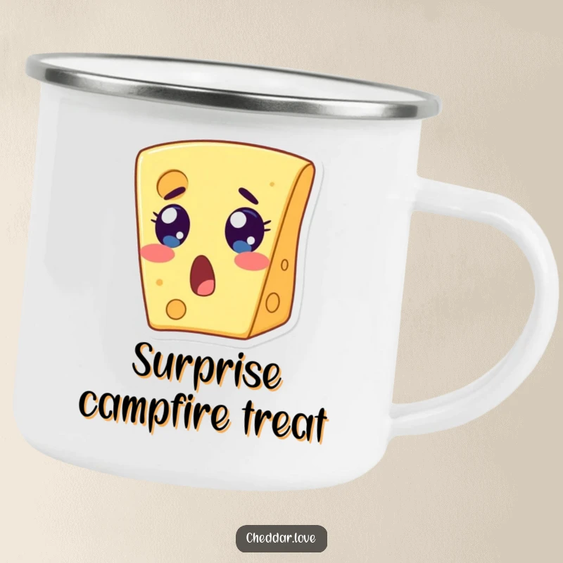 Funny camping mug with a wide-eyed, open-mouthed cheese slice showing surprise. A perfect funny gift.