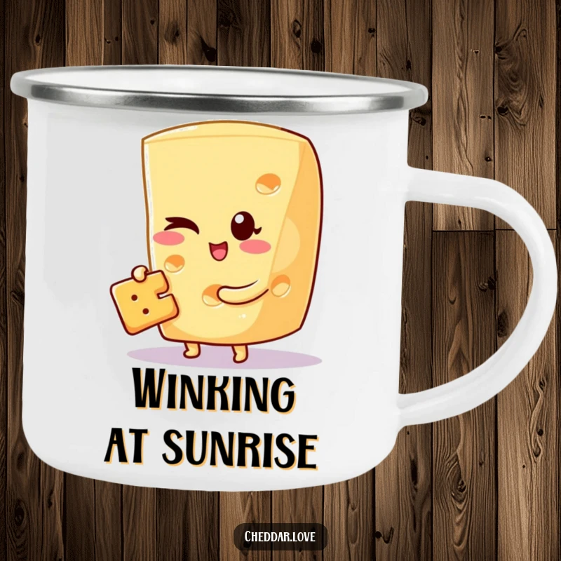 Funny camping mug with a cheese wedge winking while holding a cracker, designed for outdoor enthusiasts with wit.