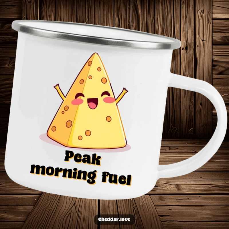 Funny camping mug with a cartoon cheese pyramid in a playful, exaggerated wobble, built for outdoor fun.