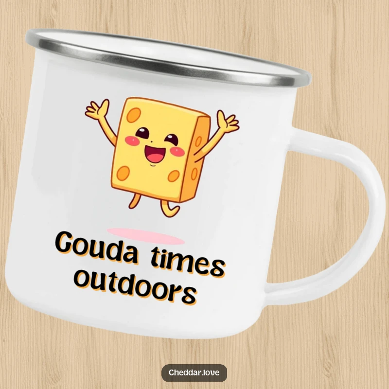 Funny smiley block of cheddar cheese doing a joyful jump on this durable and humorous camping mug.