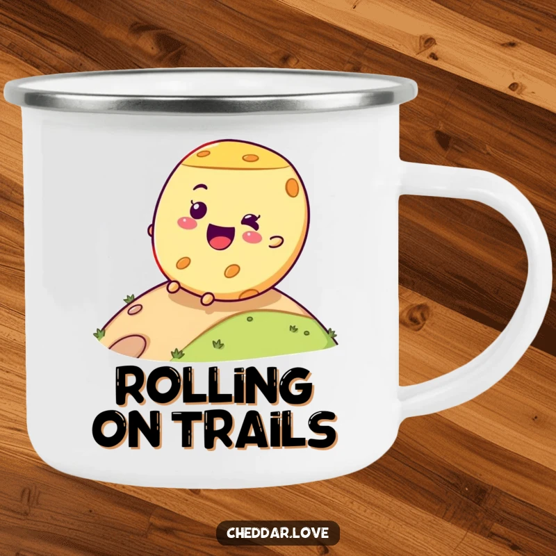 Funny cheese wheel camping mug with a joyful rolling expression, perfect for outdoor adventures and humorous sipping.