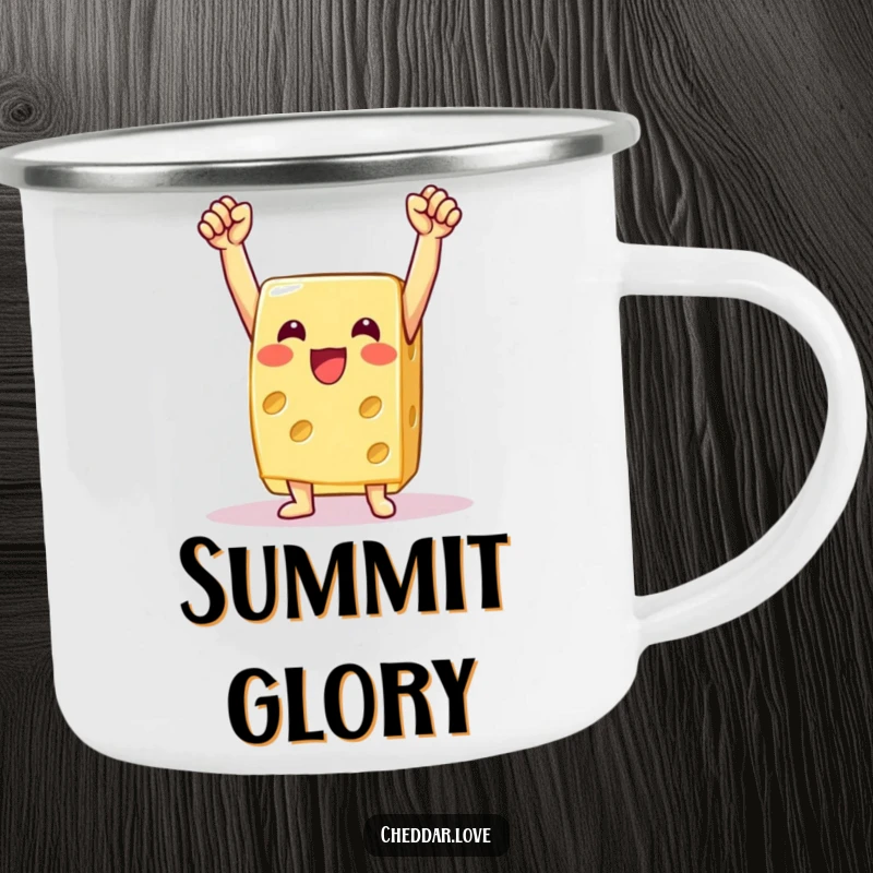 Funny cheese camping mug, a victorious cheese slice with arms raised, celebrating triumphs around the campfire.