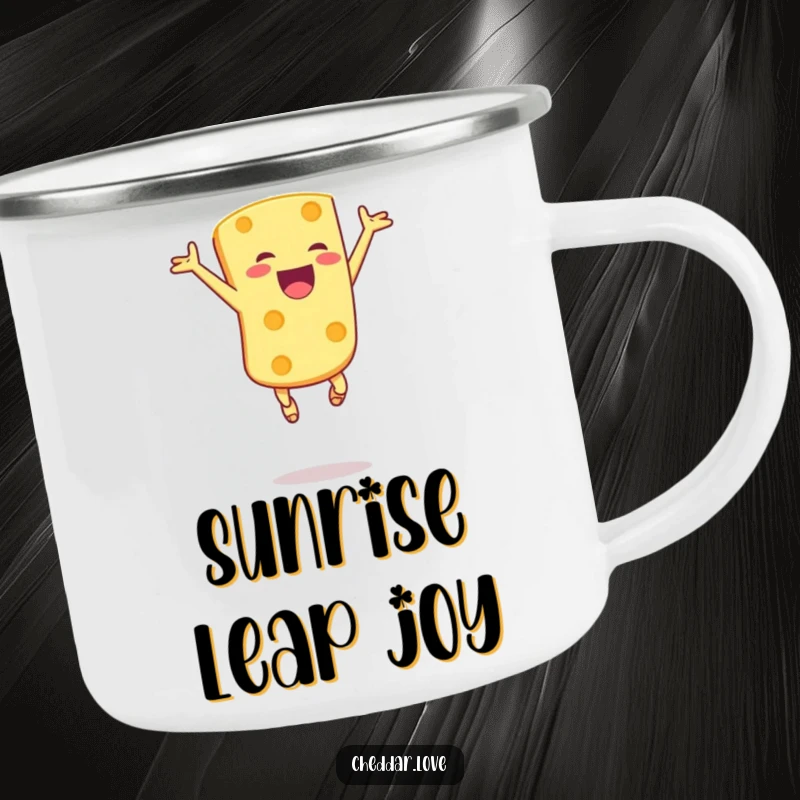 Funny camping mug showing a joyful cheese chunk leaping in the air with pure excitement, perfect for outdoor use.