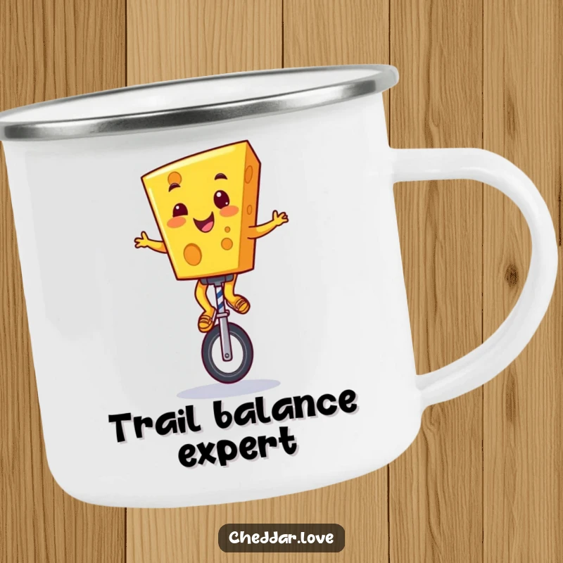Funny Cheddar Cheese Camping Mug: A cheerful cartoon cheese character performing a unicycle stunt, perfect for outdoor enthusiasts.