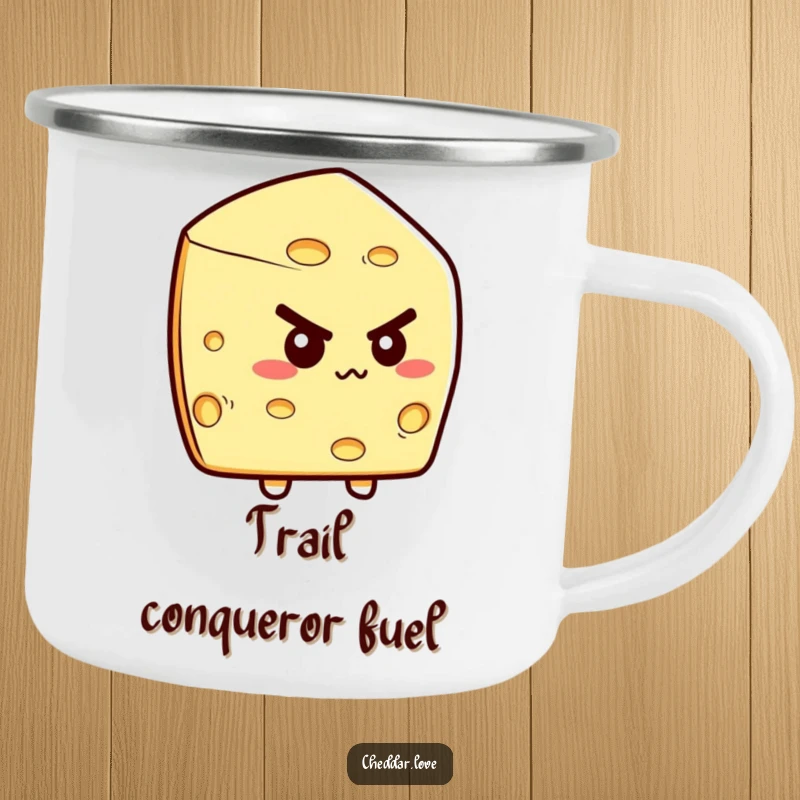 Funny camping mug with a focused cheese wedge, symbolizing readiness for any adventure. A perfect funny gift.