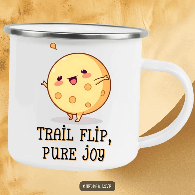 Funny camping mug: A round of cheese does a cartwheel during an outdoor adventure.