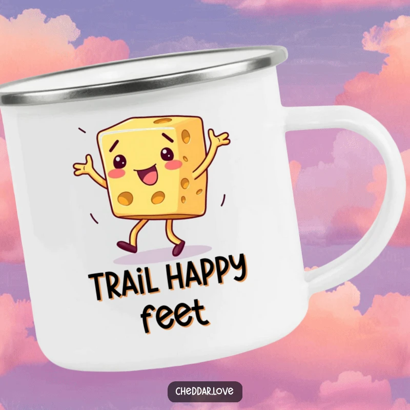 Funny dancing cheese camping mug, a block of cheese doing an energetic dance next to a campfire, full of cheer.