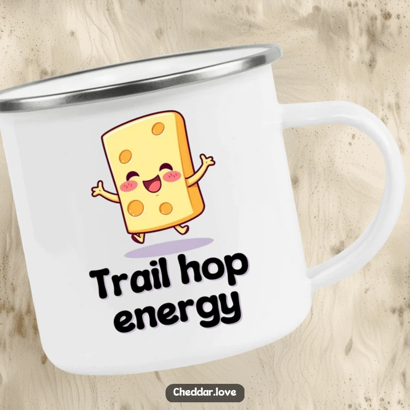 Funny cheerful cheese slice camping mug, doing a joyful hop by the campfire, spreading happiness and warmth.