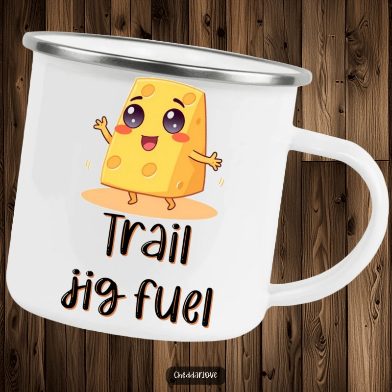 Funny Cheddar Cheese Camping Mug, googly-eyed wedge dancing a jig, built for adventure and laughs.