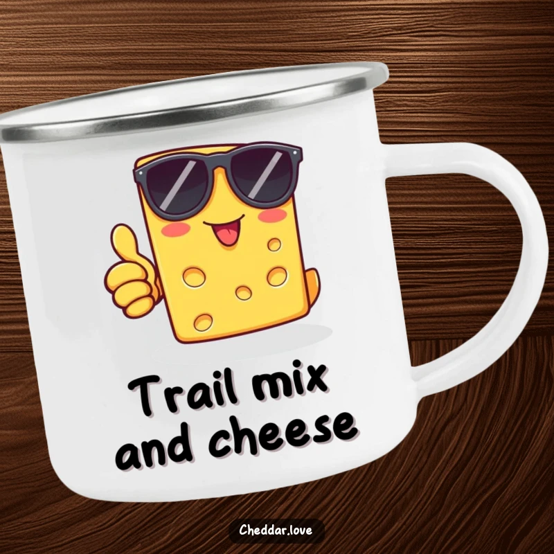 Funny cheddar cheese slice wearing sunglasses, thumbs-up, on a camping mug, for cool, humorous outdoor sips.