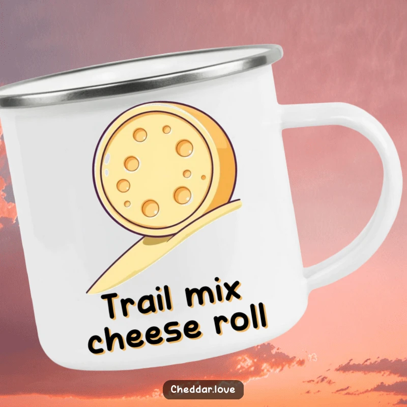 Funny camping mug featuring a cheese wheel rolling down a hill, ideal for outdoor enthusiasts who love a dose of humor.