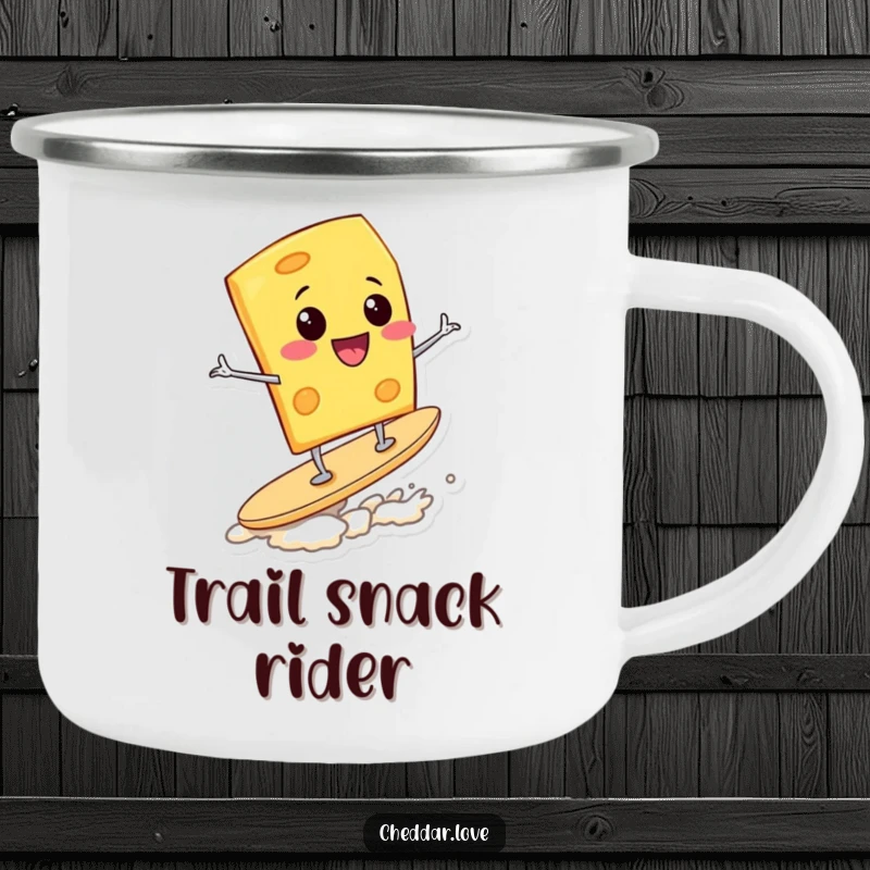 Funny Camping Mug: A happy cheese wedge surfs on a potato chip, perfect for enjoying drinks during outdoor adventures.