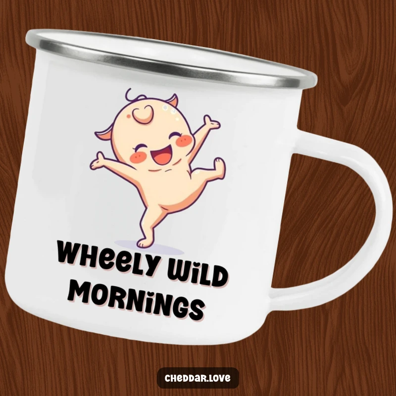 Funny camping mug featuring a happy cheese character mid-cartwheel, designed for outdoor enthusiasts with a sense of humor.
