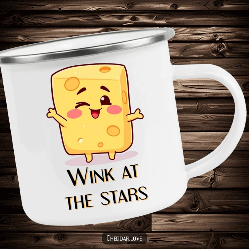 Funny camping mug with a block of cheese winking cheerfully and posing sillily, designed for outdoor fun and cheesy jokes.