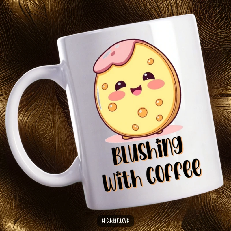 Funny mug showcasing a round cheese wheel blushing happily, radiating warmth and sweet, cheesy delight.