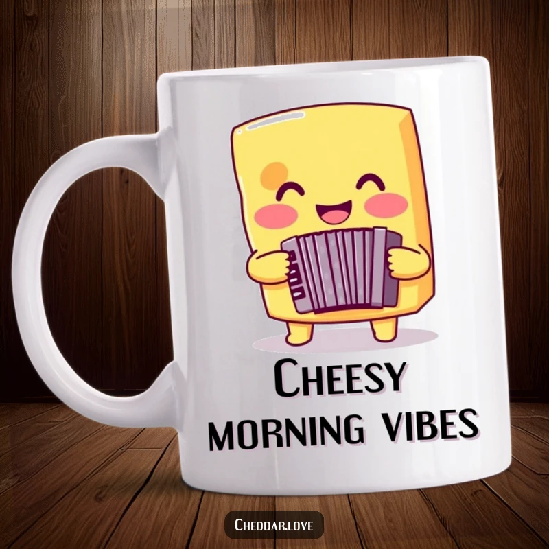 Funny cheese mug showing a smiling chunk of cheddar cheese enthusiastically playing a tiny accordion, great for music and cheese lovers.