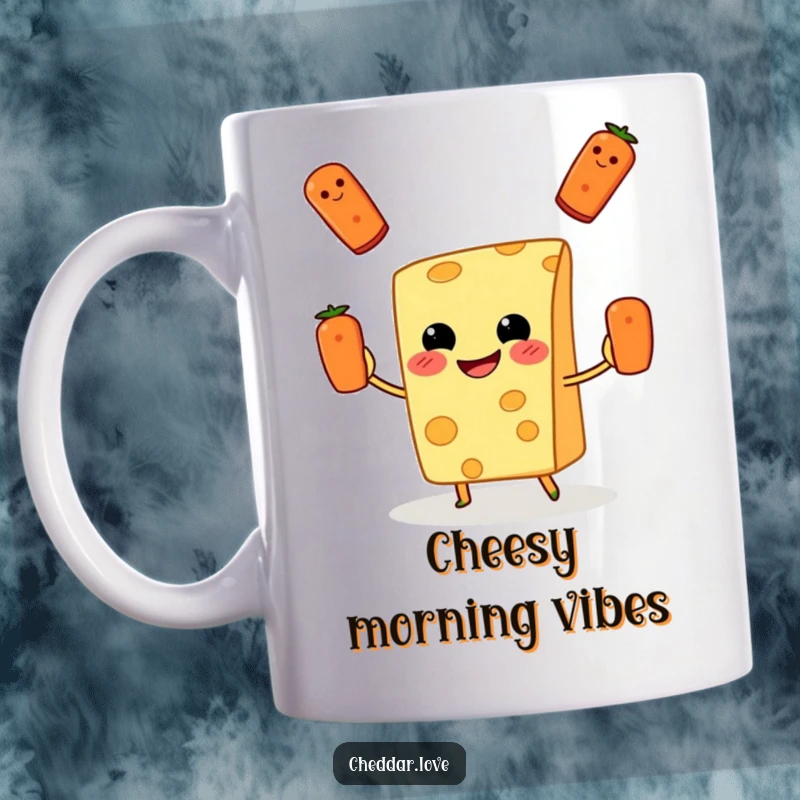 Funny Mug: A grinning slice of cheese gleefully juggles small pepperoni pieces, embodying pure food-related joy.