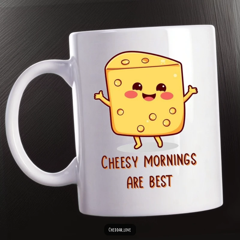 Funny smiling wedge of cheddar cheese doing a happy dance, radiating pure joy and cheesy delight, on a mug.