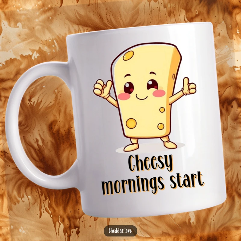 Funny mug with a happy, anthropomorphic cheese character striking a heroic pose, radiating comical bravery and cheerfulness.