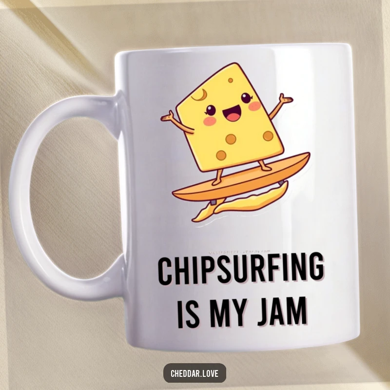 Funny mug with a smiling cheese wedge surfing with joy on a potato chip, capturing an epic, comical moment.
