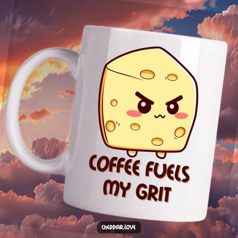 Funny mug showing a resolute cheese wedge with a confident expression, poised for movement. Ideal funny gift for achievers.